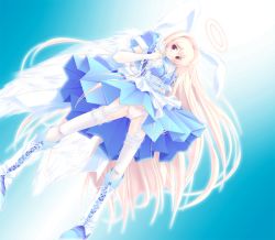 Rule 34 | 1girl, angel wings, animal ears, bad id, bad pixiv id, blonde hair, boots, elbow gloves, frilled thighhighs, frills, garter belt, gloves, halo, knee boots, kuon itsuki, long hair, original, panties, rabbit ears, red eyes, solo, thighhighs, underwear, very long hair, white panties, white thighhighs, wings