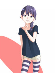 Rule 34 | 1boy, androgynous, braid, collarbone, cowboy shot, crossdressing, gradient eyes, green eyes, grin, kadan (ad1999), long hair, looking at viewer, male focus, multicolored eyes, original, purple eyes, purple hair, shirt, short shorts, short sleeves, shorts, simple background, smile, solo, standing, striped clothes, striped thighhighs, thighhighs, trap, zettai ryouiki