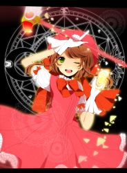 Rule 34 | 1990s (style), 1girl, bad id, bad pixiv id, bow, brown hair, card, cardcaptor sakura, child, dress, fuuin no tsue, gloves, green eyes, hat, highres, holding, holding card, kinomoto sakura, komine, letterboxed, magic circle, magical girl, one eye closed, open mouth, pink hat, retro artstyle, solo, white gloves, wink