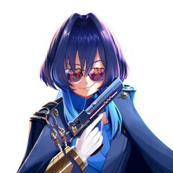 Rule 34 | 1girl, absurdres, blue hair, blue necktie, character name, coat, colored inner hair, commentary, desert eagle, duke nukem 3d, english commentary, epaulettes, fang, gloves, grin, gun, hair intakes, hand up, handgun, highres, holding, holding weapon, hololive, hololive english, long sleeves, looking at viewer, military uniform, mokuka noe, multicolored hair, necktie, official alternate costume, official alternate hairstyle, ouro kronii, ouro kronii (4th costume), parody, sleeve cuffs, smile, sunglasses, transparent background, trigger discipline, uniform, virtual youtuber, weapon, white gloves, wolf cut