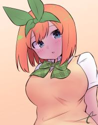 Rule 34 | 1girl, blue eyes, blush, bow, breasts, brown background, collared shirt, commentary request, eyebrows hidden by hair, from below, go-toubun no hanayome, green bow, green ribbon, hair between eyes, hair ribbon, kujou karasuma, lap pillow, large breasts, looking at viewer, looking down, nakano yotsuba, orange hair, parted lips, pov, ribbon, shirt, short sleeves, signature, simple background, solo, sweater vest, upper body, white shirt