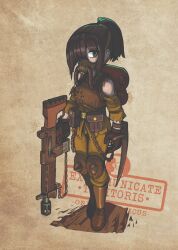 Rule 34 | 1girl, absurdres, backpack, bag, brown hair, chaos (warhammer), directed-energy weapon, energy gun, energy weapon, erica (naze1940), finger on trigger, gloves, green eyes, gun, hair over one eye, highres, holding, holding gun, holding weapon, knee pads, laser gun, laser weapon, lasgun, shoulder blades, soldier, solo, torn clothes, warhammer 40k, weapon