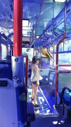 Rule 34 | 1girl, ad, black eyes, black hair, blue theme, blurry, bus, bus interior, camisole, chair, clownfish, day, denim, denim shorts, depth of field, expressionless, fish, floating hair, from side, full body, hat, unworn hat, unworn headwear, highres, holding, holding umbrella, lal!role, lips, looking at viewer, mirror, motor vehicle, original, raincoat, reflection, see-through, short hair, shorts, standing, straw hat, tropical fish, umbrella
