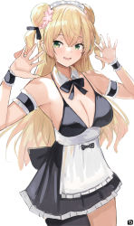 Rule 34 | 1girl, apron, armpits, bad id, bad pixiv id, bare shoulders, black bow, black bowtie, black bra, black ribbon, black skirt, black thighhighs, blonde hair, bow, bowtie, bra, breasts, cleavage, commentary request, cowboy shot, crossed bangs, detached collar, double bun, flower, frilled skirt, frills, green eyes, hair between eyes, hair bun, hair flower, hair ornament, hair ribbon, hands up, highres, hololive, long hair, looking at viewer, maid, maid headdress, medium breasts, momosuzu nene, no shoes, open mouth, pineapple (pine), ribbon, simple background, single thighhigh, skirt, smile, solo, standing, thighhighs, underwear, virtual youtuber, waist apron, waving, white apron, white background