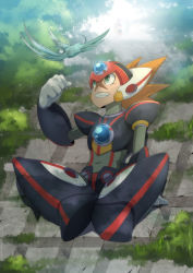 Rule 34 | 1boy, android, arm behind back, axl (mega man), bird, brown hair, clenched hand, clenched teeth, commentary request, covered navel, full body, grass, green eyes, helmet, highres, male focus, mega man (series), mega man x: command mission, mega man x (series), open mouth, orange hair, outdoors, parco 1315, robot, scar, scar on face, sitting, solo, teeth