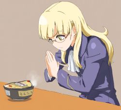 Rule 34 | 1girl, ascot, blonde hair, chopsticks, cup ramen, eyebrows, food, glasses, jacket, long hair, long sleeves, military, military uniform, noodles, own hands together, perrine h. clostermann, ramen, shiratama (hockey), simple background, solo, steam, strike witches, uniform, world witches series, yellow eyes