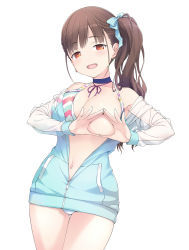 Rule 34 | 1girl, bikini, bikini top only, bikini under clothes, blush, breast slip, breasts, brown hair, choker, collarbone, commentary request, highres, idolmaster, idolmaster shiny colors, jacket, large breasts, long hair, looking at viewer, navel, one breast out, open mouth, sakana (flame sakana), side ponytail, simple background, smile, solo, sonoda chiyoko, swimsuit, swimsuit under clothes, white background