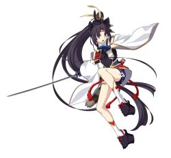 Rule 34 | 1girl, armor, black hair, blue eyes, blue gloves, bodysuit, breasts, detached sleeves, fate/grand order, fate (series), feather hair ornament, feathers, full body, gloves, hair bun, hair ornament, hat, holding, holding sword, holding weapon, japanese armor, long hair, medium breasts, melty blood: type lumina, official alternate costume, official art, open mouth, parted bangs, side ponytail, sidelocks, solo, sword, takeuchi takashi, tate eboshi, ushiwakamaru (fate), ushiwakamaru (tour outfit) (fate), very long hair, weapon, white sleeves