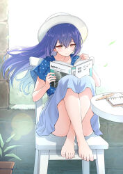 Rule 34 | 1girl, bare legs, barefoot, blue hair, blue shirt, blue skirt, blush, book, chair, closed mouth, collarbone, commission, convenient leg, crossed ankles, crossed bangs, dark blue hair, eyelashes, feet, feet on chair, floating hair, full body, gradient hair, hair between eyes, hands up, hat, highres, holding, holding book, honshiro nikori, knees up, kohinata kuon, legs, lens flare, light blush, multicolored hair, notebook, on chair, open book, orange eyes, original, outdoors, pen, plant, polka dot, polka dot shirt, potted plant, reading, red eyes, shadow, shirt, short sleeves, sidelocks, sitting, skeb commission, skirt, smile, solo, sun hat, table, thighs, toenails, toes, white hat