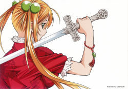 Rule 34 | 00s, 1girl, artist name, blonde hair, bracelet, china dress, chinese clothes, dress, from behind, green eyes, hair bobbles, hair ornament, highres, holding, holding sword, holding weapon, ikkitousen, jewelry, jian (weapon), long hair, orange hair, red hair, shiozaki yuji, simple background, solo, sonsaku hakufu, sword, twintails, weapon, white background