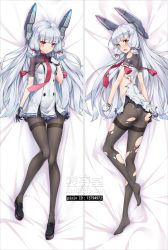 Rule 34 | 10s, 1girl, artist name, ass, bakugadou, bed sheet, black footwear, black pantyhose, blush, breasts, collarbone, commentary, dakimakura (medium), dress, eyebrows, full body, gloves, hair ribbon, hand on own chest, headgear, kantai collection, long hair, looking at viewer, lying, multiple views, murakumo (kancolle), necktie, no shoes, on back, on side, open mouth, panties, panties under pantyhose, pantyhose, red necktie, red ribbon, remodel (kantai collection), ribbon, shoes, silver hair, small breasts, strapless, torn clothes, torn dress, torn legwear, tress ribbon, underwear, watermark, white dress, yellow eyes