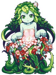 Rule 34 | 1girl, alraune, bare shoulders, colored skin, curtsey, dress, flat chest, flower, green eyes, green hair, green skin, hair ornament, leaf, long hair, lowres, making-of available, matching hair/eyes, monster girl, original, parted lips, pixel art, plant, plant girl, sb (coco1), simple background, solo, thorns, vines, wearing plant, white background