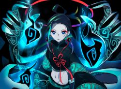 Rule 34 | 1boy, black background, black fire, black hair, black pants, blonde hair, blue eyes, blue hair, chinese clothes, commentary request, crop top, earrings, expressionless, extra hands, eyeshadow, fate/grand order, fate (series), fire, gloves, highres, jewelry, long hair, long sleeves, looking at viewer, makeup, male focus, multicolored eyes, multicolored hair, navel, pale skin, pants, red eyes, red eyeshadow, simple background, solo, taisui xingjun (fate), upper body, yousai shirokuma