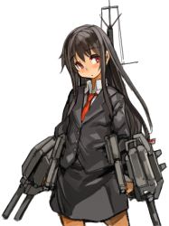 Rule 34 | 10s, 1girl, black skirt, blazer, blush, hatsushimo (kancolle), jacket, kantai collection, long hair, long sleeves, low-tied long hair, machinery, red eyes, sachito, simple background, skirt, solo, turret, white background