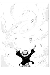 Rule 34 | 1boy, border, from behind, greyscale, hands up, hat, jacket, kankan33333, long sleeves, male focus, monkey d. luffy, monochrome, musical note, one piece, one piece film: red, open clothes, open jacket, sky, solo, straw hat, white border