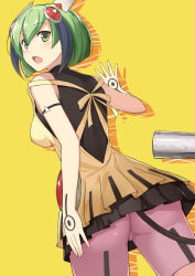 Rule 34 | 10s, 1girl, android, ass, bad id, bad pixiv id, bare arms, bare shoulders, bike shorts, blush, brown dress, cable, cable tail, cccpo, dimension w, dress, green eyes, green hair, grey hair, headgear, highres, layered dress, looking at viewer, looking back, matching hair/eyes, mechanical tail, multicolored hair, open mouth, pink shorts, plug, short dress, short hair, shorts, sleeveless, sleeveless dress, solo, streaked hair, tail, thighhighs, yurizaki mira
