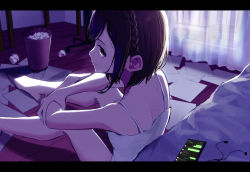 Rule 34 | 1girl, barefoot, bed, bedroom, black eyes, black hair, braid, breasts, camisole, commentary request, curtains, dark, earphones, film grain, from behind, full body, highres, indoors, knees up, letterboxed, looking at viewer, looking back, paper, phone, project sekai, shinonome ena, short hair, sidelocks, sitting, small breasts, spaghetti strap, tears, tenda (tendarugby), tissue, trash can, used tissue, white camisole