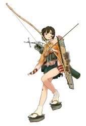 Rule 34 | 10s, 1girl, archery, arrow (projectile), blush, bow (weapon), breasts, brown eyes, brown hair, clog sandals, damaged, flight deck, full body, gloves, hiryuu (kancolle), japanese clothes, kantai collection, kyuudou, long sleeves, official art, okobo, open mouth, partially fingerless gloves, partly fingerless gloves, personification, quiver, radio antenna, sandals, shibafu (glock23), short hair, side ponytail, single glove, skirt, smoke, solo, tabi, torn clothes, transparent background, weapon, wide sleeves, yugake