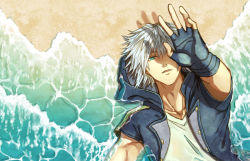 Rule 34 | 1boy, aqua eyes, beach, black gloves, collarbone, fingerless gloves, gloves, grey hair, hair between eyes, half-closed eyes, hood, hooded jacket, jacket, kingdom hearts, kingdom hearts iii, looking at viewer, looking up, lying, male focus, ocean, on back, outdoors, outstretched hand, owlforkh, parted lips, partially submerged, riku (kingdom hearts), sand, shirt, short hair, short sleeves, solo, upper body, white shirt
