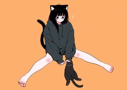Rule 34 | 1girl, animal ear fluff, animal ears, bare legs, barefoot, black cat, black eyes, black hair, blush, bottomless, bright pupils, cat, cat ears, cat girl, cat tail, from above, full body, highres, looking at another, megateru, no nose, no pants, nose blush, notice lines, orange background, original, oversized clothes, sitting, sleeves past wrists, smile, solo, spread legs, tail, toes, white pupils