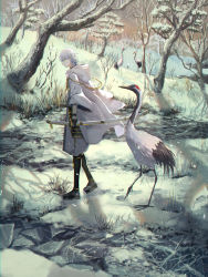 Rule 34 | 10s, bird, black footwear, black gloves, commentary request, crane (animal), gloves, grey hair, grey legwear, highres, holding, holding sword, holding weapon, hood, hood down, ice, looking at viewer, looking to the side, male focus, outdoors, partially fingerless gloves, pippi (pixiv 1922055), red eyes, river, sandals, scabbard, sheath, smile, snow, standing, sword, tabi, touken ranbu, tree, tsurumaru kuninaga, weapon, winter