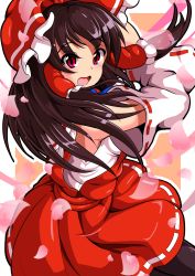 Rule 34 | 1girl, black hair, bow, detached sleeves, hair bow, hair tubes, hakurei reimu, highres, looking at viewer, medium hair, nioti, nontraditional miko, open mouth, petals, red bow, red eyes, red skirt, ribbon-trimmed skirt, ribbon-trimmed sleeves, ribbon trim, skirt, solo, touhou, wide sleeves