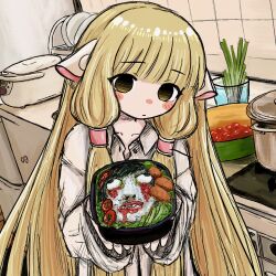 Rule 34 | bento, blonde hair, blunt bangs, blush, blush stickers, bubbacterial, chii, chobits, expressionless, hair tubes, highres, holding bento, indoors, long hair, own hands together, robot, robot ears, sauce, spring onion, tomato, very long hair, yellow eyes