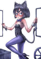 Rule 34 | animal ears, black eyes, black hair, bow, bowtie, cat ears, cat tail, detached collar, from side, glasses, grey pantyhose, karasuke d, kittysuit, leotard, nontraditional playboy bunny, original, pantyhose, playboy bunny, short hair, simple background, solo, tail, thick eyebrows, white background, wrist cuffs