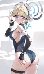 Rule 34 | 1girl, apron, ass, black gloves, blonde hair, blue archive, blue bow, blue eyes, blue ribbon, bow, bowtie, breasts, bun cover, earpiece, elbow gloves, fingerless gloves, gloves, hair bun, hair ribbon, halo, highres, kaneki yushi, leotard, looking at viewer, maid headdress, medium breasts, medium hair, ribbon, short hair, solo, toki (blue archive), v