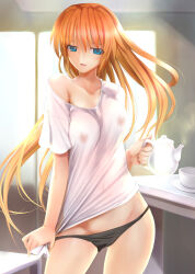 1girl absurdres black_panties blue_eyes blush breasts collarbone cup highres indoors large_breasts long_hair looking_at_viewer lyrical_nanoha mahou_shoujo_lyrical_nanoha_strikers mikazuki_akira! nipples no_bra open_mouth orange_hair panties see-through shirt smile solo tea teacup teana_lanster teapot underwear white_shirt window