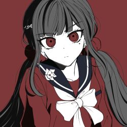 Rule 34 | 1girl, black sailor collar, blunt bangs, brown hair, danganronpa (series), danganronpa v3: killing harmony, hair ornament, hair scrunchie, harukawa maki, highres, long hair, long sleeves, looking at viewer, low twintails, mole, mole under eye, red eyes, red scrunchie, red shirt, sailor collar, satori (aosky9077), scrunchie, shirt, solo, twintails