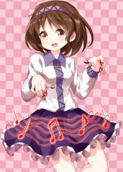 Rule 34 | 1girl, beamed sixteenth notes, breasts, brown hair, checkered background, collared shirt, eighth note, frilled skirt, frills, headband, highres, instrument, lace, long sleeves, looking at viewer, music, musical note, open mouth, pink background, playing instrument, plectrum, puffy long sleeves, puffy sleeves, purple headband, purple skirt, quarter note, red theme, ruu (tksymkw), shirt, short hair, sixteenth note, skirt, sleeve cuffs, small breasts, smile, solo, staff (music), standing, standing on one leg, thighs, touhou, tsukumo yatsuhashi, white frills, white shirt, yellow eyes