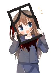 Rule 34 | 1girl, :d, blood, blood in hair, blood on clothes, blue eyes, blush, brown hair, female focus, highres, holding, holding photo, nisemono wakura, open mouth, original, photo (object), simple background, smile, solo, white background