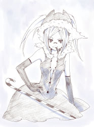 Rule 34 | 1girl, bad id, bad pixiv id, blue theme, brown theme, candy, candy cane, cane, dress, elbow gloves, food, fur hat, gloves, gown, hat, hrd, monochrome, mouth hold, solo, traditional media