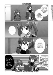Rule 34 | ..., 00s, 1boy, 1girl, camera, comic, english text, fingerless gloves, gloves, greyscale, hard-translated, lyrical nanoha, mahou shoujo lyrical nanoha, mahou shoujo lyrical nanoha strikers, mikage takashi, military, military uniform, monochrome, teana lanster, third-party edit, translated, twintails, uniform, vice granscenic