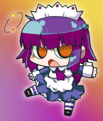 Rule 34 | 1girl, @ @, angry, chibi, female focus, full body, futaba channel, gradient background, maid, necktie, nijiura maids, open mouth, purple hair, solo, thighhighs, yakui, yellow eyes