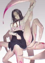 Rule 34 | 1girl, arthropod girl, bad id, bad pixiv id, black hair, black skirt, blood, blood drip, blood on clothes, blood on leg, breasts, chainsaw man, extra legs, frown, hand up, highres, holding legs, leg up, long hair, looking at viewer, medium breasts, monster girl, neg (101neg), princi (chainsaw man), ribbon, simple background, skirt, solo, split, standing, stylized blood, thick thighs, thighs, white background, zipper