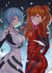 Rule 34 | 2017, 2girls, absurdres, arm at side, arm behind back, artist name, ass, ayanami rei, blue eyes, blue hair, bodysuit, bracer, breasts, closed mouth, cowboy shot, dated, from behind, gloves, hair between eyes, hand on own hip, headgear, highres, interface headset, legs together, long hair, looking at viewer, looking back, medium breasts, multiple girls, narrow waist, neon genesis evangelion, orange hair, pilot suit, pink lips, plugsuit, red bodysuit, red eyes, red gloves, short hair, skin tight, smile, souryuu asuka langley, standing, turtleneck, twisted torso, two side up, white bodysuit, xiaoman tu