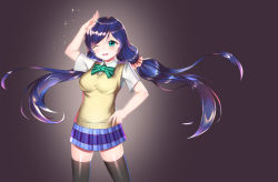 Rule 34 | 1girl, absurdres, arm up, bad id, bad pixiv id, blue eyes, floating hair, gradient background, highres, long hair, looking at viewer, love live!, love live! school idol project, one eye closed, open mouth, purple hair, school uniform, solo, standing, thighhighs, topu, tojo nozomi, twintails
