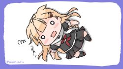Rule 34 | 1girl, black legwear, black skirt, blonde hair, blush, border, chibi, commentary request, hair flaps, hair ornament, hair ribbon, hairclip, kantai collection, long hair, neckerchief, o o, open mouth, pleated skirt, poipoi purin, purple border, red neckerchief, ribbon, sailor collar, scarf, school uniform, serafuku, simple background, skirt, solo, square mouth, squiggle, twitter username, white background, white scarf, yuudachi (kancolle), yuudachi kai ni (kancolle)
