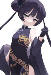 Rule 34 | 1girl, absurdres, black dress, black gloves, black hair, black jacket, blue archive, butterfly hair ornament, china dress, chinese clothes, closed mouth, double bun, dragon print, dress, flat chest, gloves, grey eyes, hair bun, hair ornament, highres, jacket, kisaki (blue archive), long hair, looking at viewer, negi 0712, print dress, simple background, sleeveless, sleeveless dress, solo, striped clothes, striped jacket, twintails, vertical-striped clothes, vertical-striped jacket, white background