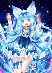 Rule 34 | 1girl, :d, animal ear fluff, animal ears, aura kingdom, ayako (aura kingdom), blue bow, blue eyes, blue footwear, blue hair, blue hairband, blue ribbon, blue shirt, blue skirt, blunt bangs, blush, bow, breasts, commentary, detached sleeves, double scoop, fangs, food, hair bow, hair ribbon, hairband, holding, holding food, ice cream, ice cream cone, instagram username, lock, lolita fashion, long hair, long sleeves, open mouth, padlock, pleated skirt, ribbon, shirt, shoes, skirt, sleeveless, sleeveless shirt, small breasts, smile, solo, standing, standing on one leg, tail, two side up, very long hair, villyane, wide sleeves, wolf ears, wolf girl, wolf tail