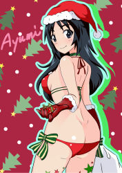 Rule 34 | 1girl, ass, bikini, black hair, blue eyes, blush, breasts, butt crack, character name, christmas, christmas ornaments, christmas present, closed mouth, female focus, gift, girls und panzer, gloves, gogopaint, hat, highres, large breasts, long hair, looking at viewer, looking back, red background, red bikini, red gloves, ribbon, santa hat, shiny clothes, shiny skin, simple background, smile, solo, standing, swimsuit, yamagou ayumi
