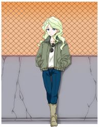 Rule 34 | 10s, 1girl, bad id, bad twitter id, blonde hair, blue eyes, boots, border, denim, diana cavendish, earrings, fence, hands in pockets, jacket, jeans, jewelry, little witch academia, outside border, pants, raisun, solo, standing, sunglasses, white border
