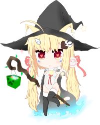 Rule 34 | 1girl, :o, absurdres, ahoge, animal ears, azur lane, bailingxiao jiu, black gloves, black hat, black thighhighs, blonde hair, blush, candy, cape, cat ears, cat girl, cat tail, chibi, commentary request, creeper, ears through headwear, elbow gloves, eldridge (azur lane), facial mark, fingerless gloves, food, fur-trimmed cape, fur trim, gloves, grey cape, grey leotard, hair between eyes, hair ribbon, hat, heart, heart-shaped pupils, highres, holding, holding staff, kemonomimi mode, leotard, looking at viewer, minecraft, outstretched arm, parted lips, pink ribbon, red eyes, ribbon, solo, staff, standing, standing on one leg, star (symbol), symbol-shaped pupils, tail, thighhighs, torn cape, torn clothes, witch hat, wooden staff