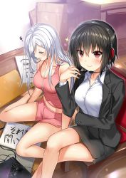 Rule 34 | 2girls, aldehyde, barefoot, black hair, black suit, breasts, brown eyes, chair, collarbone, commentary request, controller, crossed legs, closed eyes, formal, game controller, hair between eyes, hair ornament, hairclip, headset, highres, imoko (neeko&#039;s sister), indoors, large breasts, long hair, looking at viewer, multiple girls, neeko (aldehyde), original, pink shirt, pink shorts, playstation controller, shirt, short hair, short shorts, shorts, silver hair, sitting, skirt, skirt suit, smile, sparkle, squiggle, suit, tank top, v-shaped eyebrows, wariza, white shirt