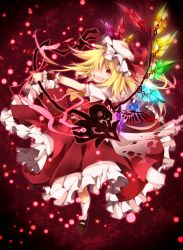 Rule 34 | 1girl, ascot, blonde hair, bow, fang, female focus, flandre scarlet, frilled skirt, frills, glowing, glowing wings, hair over one eye, hat, hat ribbon, laevatein, lights, open mouth, outstretched arm, puffy sleeves, red eyes, ribbon, sash, shirt, short sleeves, side ponytail, skirt, skirt set, smile, solo, touhou, toutenkou, vest, wings, wrist cuffs