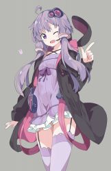Rule 34 | 1girl, ;d, ahoge, black jacket, blush, commentary request, criss-cross halter, dress, frilled dress, frills, garter straps, grey background, hair ornament, halterneck, hand up, head tilt, heart, highres, hood, hood down, hooded jacket, index finger raised, jacket, long hair, long sleeves, looking at viewer, one eye closed, open clothes, open jacket, open mouth, purple dress, purple eyes, purple hair, purple thighhighs, short hair with long locks, simple background, sleeves past wrists, smile, solo, tantan men (dragon), thighhighs, very long hair, voiceroid, yuzuki yukari