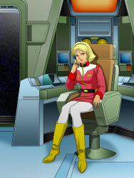 Rule 34 | 1girl, belt, blonde hair, blue eyes, bonjin-do, boots, breasts, chair, feet, female focus, galaxy, gundam, highres, large breasts, looking at viewer, mobile suit gundam, open mouth, sayla mass, short hair, sitting, smile, solo, space, star (symbol), uniform, window