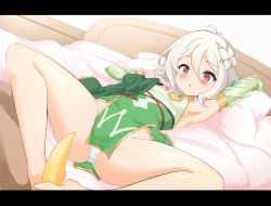 Rule 34 | 1girl, :o, armpits, banana, bare shoulders, blush, breasts, commentary request, covered erect nipples, detached sleeves, dress, food, fruit, green dress, hair between eyes, highres, kokkoro (princess connect!), long sleeves, momio, on bed, panties, parted lips, pillow, pointy ears, princess connect!, puffy long sleeves, puffy sleeves, red eyes, see-through, see-through sleeves, silver hair, simulated footjob, sleeveless, sleeveless dress, small breasts, solo focus, spread legs, sweat, underwear, white panties